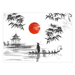 Plakat samoprzylepny Tradycyjny japoński obraz - człowiek z łodzi