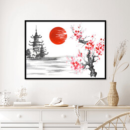 Plakat w ramie Tradycyjne japońskie malarstwo - świątynia i kwitnąca wiśnia
