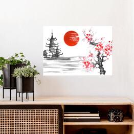 Plakat samoprzylepny Tradycyjne japońskie malarstwo - świątynia i kwitnąca wiśnia