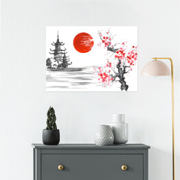 Plakat samoprzylepny Tradycyjne japońskie malarstwo - świątynia i kwitnąca wiśnia