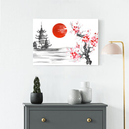 Obraz na płótnie Tradycyjne japońskie malarstwo - świątynia i kwitnąca wiśnia