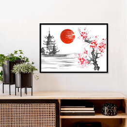 Plakat w ramie Tradycyjne japońskie malarstwo - świątynia i kwitnąca wiśnia