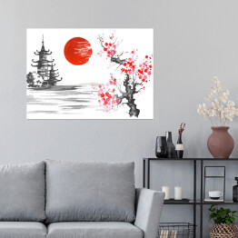 Plakat Tradycyjne japońskie malarstwo - świątynia i kwitnąca wiśnia