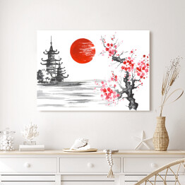 Obraz na płótnie Tradycyjne japońskie malarstwo - świątynia i kwitnąca wiśnia
