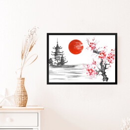 Obraz w ramie Tradycyjne japońskie malarstwo - świątynia i kwitnąca wiśnia