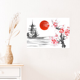 Plakat Tradycyjne japońskie malarstwo - świątynia i kwitnąca wiśnia