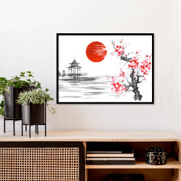 Plakat w ramie Tradycyjny japoński obraz - kwitnąca wiśnia nad rzeką blisko świątyni