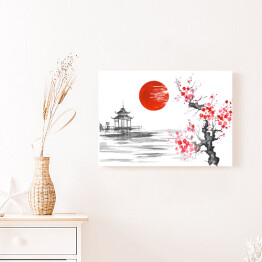 Obraz na płótnie Tradycyjny japoński obraz - kwitnąca wiśnia nad rzeką blisko świątyni