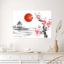 Plakat Tradycyjny japoński obraz - kwitnąca wiśnia nad rzeką blisko świątyni