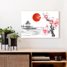 Obraz na płótnie Tradycyjny japoński obraz - kwitnąca wiśnia nad rzeką blisko świątyni