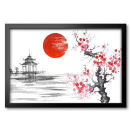 Obraz w ramie Tradycyjny japoński obraz - kwitnąca wiśnia nad rzeką blisko świątyni