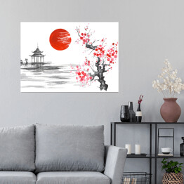 Plakat samoprzylepny Tradycyjny japoński obraz - kwitnąca wiśnia nad rzeką blisko świątyni