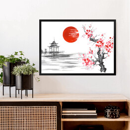 Obraz w ramie Tradycyjny japoński obraz - kwitnąca wiśnia nad rzeką blisko świątyni