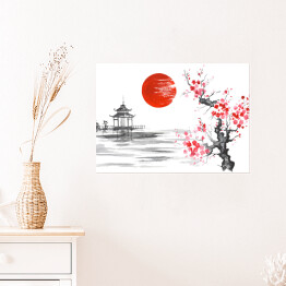 Plakat samoprzylepny Tradycyjny japoński obraz - kwitnąca wiśnia nad rzeką blisko świątyni