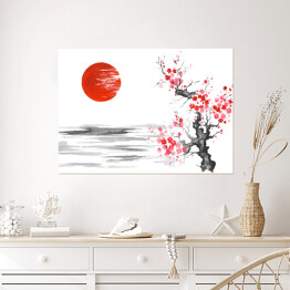 Plakat samoprzylepny Tradycyjny japoński obraz - kwitnąca wiśnia nad rzeką