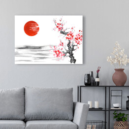 Obraz na płótnie Tradycyjny japoński obraz - kwitnąca wiśnia nad rzeką