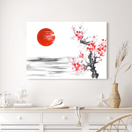 Obraz na płótnie Tradycyjny japoński obraz - kwitnąca wiśnia nad rzeką