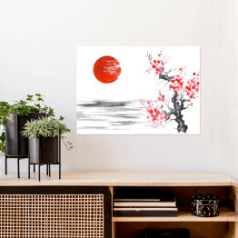 Plakat Tradycyjny japoński obraz - kwitnąca wiśnia nad rzeką