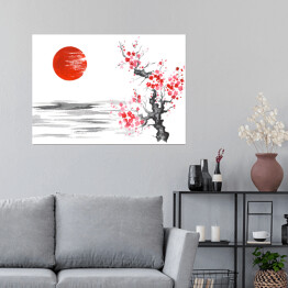 Plakat Tradycyjny japoński obraz - kwitnąca wiśnia nad rzeką