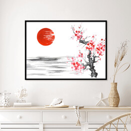 Plakat w ramie Tradycyjny japoński obraz - kwitnąca wiśnia nad rzeką