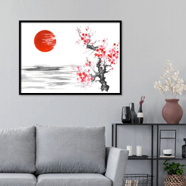 Plakat w ramie Tradycyjny japoński obraz - kwitnąca wiśnia nad rzeką