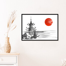 Plakat w ramie Tradycyjny japoński obraz - świątynia nad rzeką