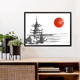 Obraz w ramie Tradycyjny japoński obraz - świątynia nad rzeką