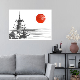 Plakat Tradycyjny japoński obraz - świątynia nad rzeką