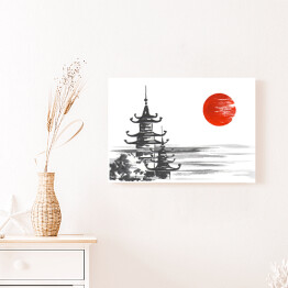 Obraz na płótnie Tradycyjny japoński obraz - świątynia nad rzeką