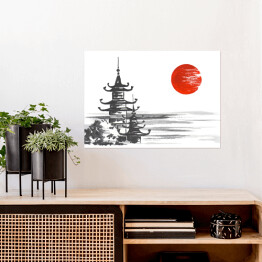 Plakat samoprzylepny Tradycyjny japoński obraz - świątynia nad rzeką