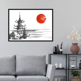 Plakat w ramie Tradycyjny japoński obraz - świątynia nad rzeką