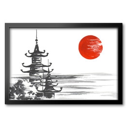 Obraz w ramie Tradycyjny japoński obraz - świątynia nad rzeką