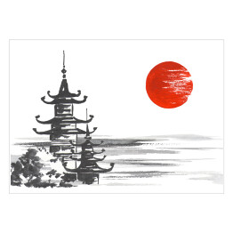 Plakat Tradycyjny japoński obraz - świątynia nad rzeką