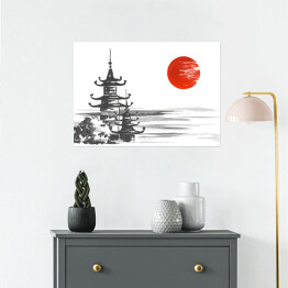 Plakat samoprzylepny Tradycyjny japoński obraz - świątynia nad rzeką