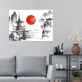 Plakat Tradycyjny japoński obraz - świątynia przy jeziorze w górach