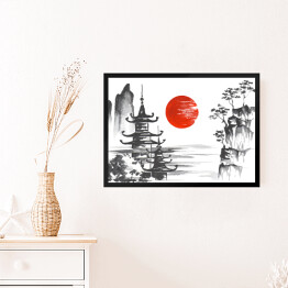 Obraz w ramie Tradycyjny japoński obraz - świątynia przy jeziorze w górach