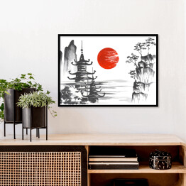 Plakat w ramie Tradycyjny japoński obraz - świątynia przy jeziorze w górach