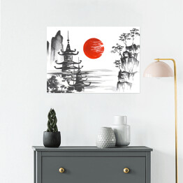 Plakat samoprzylepny Tradycyjny japoński obraz - świątynia przy jeziorze w górach