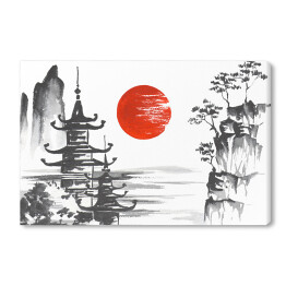 Obraz na płótnie Tradycyjny japoński obraz - świątynia przy jeziorze w górach