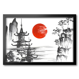 Obraz w ramie Tradycyjny japoński obraz - świątynia przy jeziorze w górach