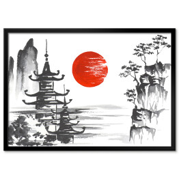 Plakat w ramie Tradycyjny japoński obraz - świątynia przy jeziorze w górach