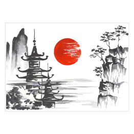 Plakat Tradycyjny japoński obraz - świątynia przy jeziorze w górach