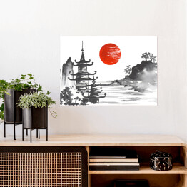 Plakat Tradycyjny japoński obraz - góra, świątynia i jezioro 
