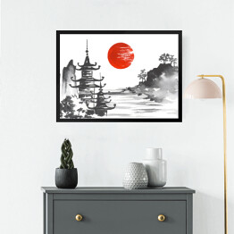 Obraz w ramie Tradycyjny japoński obraz - góra, świątynia i jezioro 