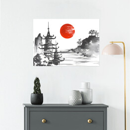 Plakat Tradycyjny japoński obraz - góra, świątynia i jezioro 