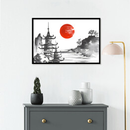 Plakat w ramie Tradycyjny japoński obraz - góra, świątynia i jezioro 