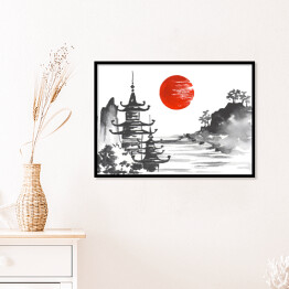 Plakat w ramie Tradycyjny japoński obraz - góra, świątynia i jezioro 