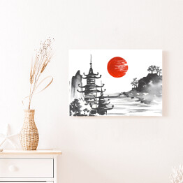 Obraz na płótnie Tradycyjny japoński obraz - góra, świątynia i jezioro 