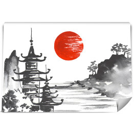 Fototapeta Tradycyjny japoński obraz - góra, świątynia i jezioro 