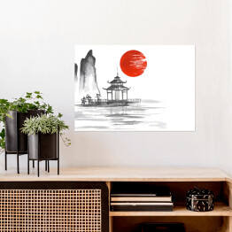 Plakat Tradycyjne japońskie malarstwo - altana na jeziorze na tle słońca